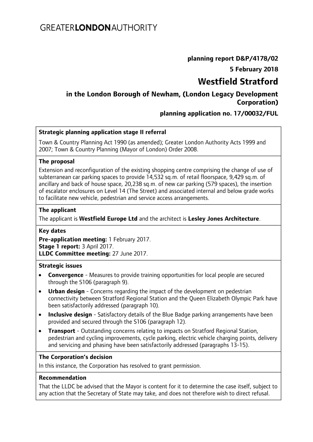Westfield Stratford in the London Borough of Newham, (London Legacy Development Corporation) Planning Application No