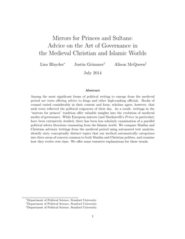 Mirrors for Princes and Sultans: Advice on the Art of Governance in the Medieval Christian and Islamic Worlds