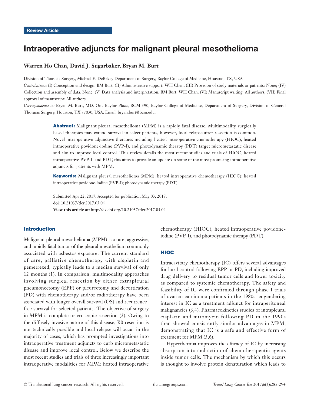 Intraoperative Adjuncts for Malignant Pleural Mesothelioma