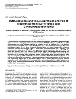 Cdna Sequence and Tissue Expression Analysis of Glucokinase from Liver of Grass Carp (Ctenopharyngodon Idella )
