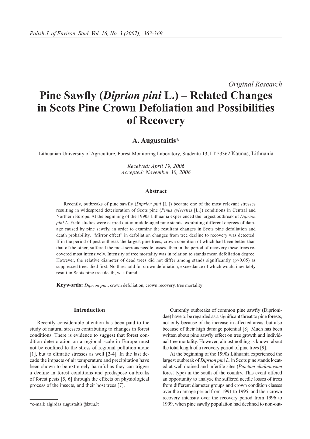 Pine Sawfly (Diprion Pini L.) – Related Changes in Scots Pine Crown Defoliation and Possibilities of Recovery