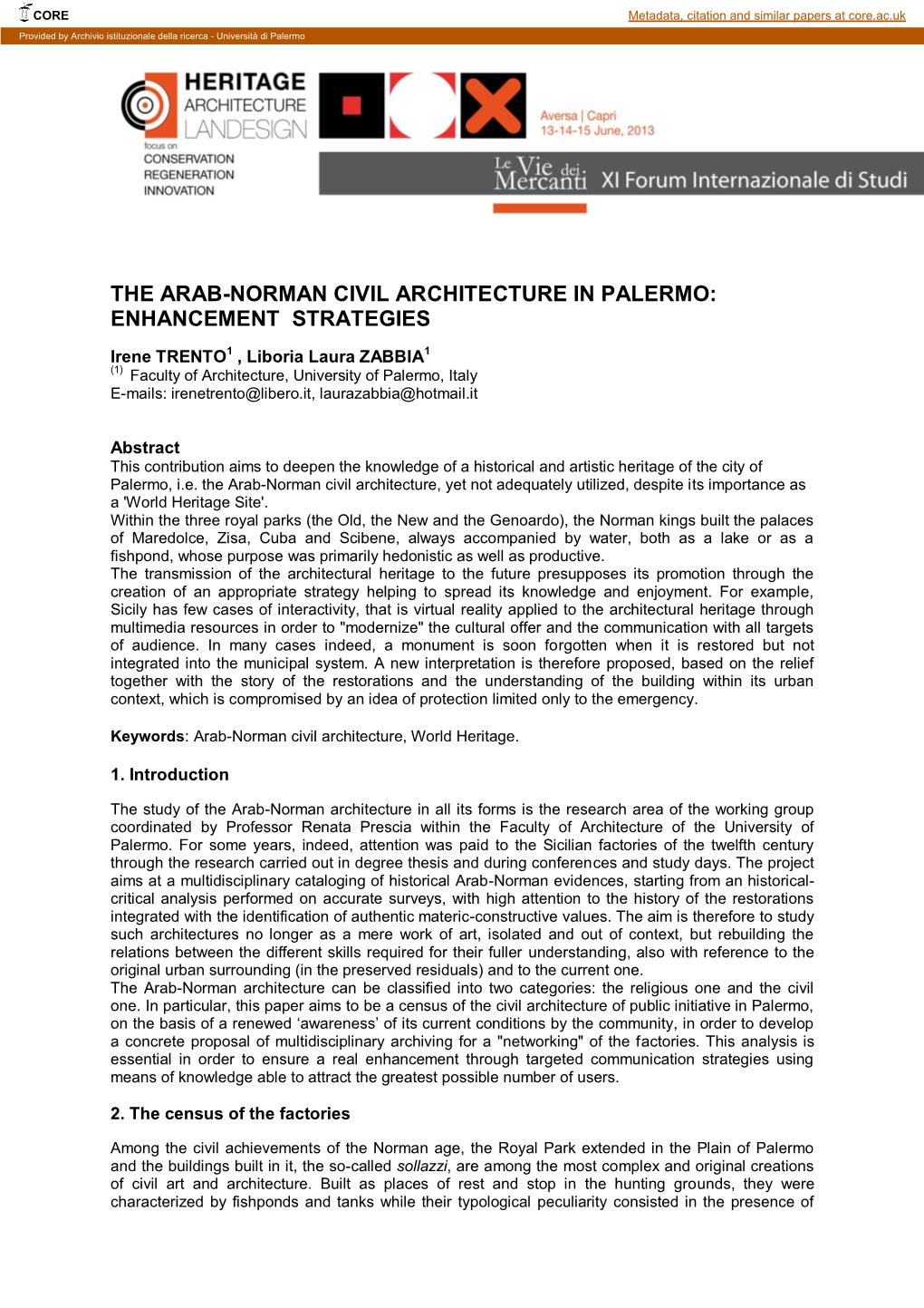 The Arab-Norman Civil Architecture in Palermo: Enhancement Strategies