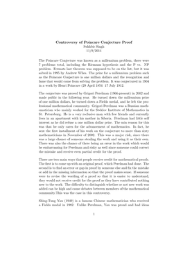 Controversy of Poincare Conjecture Proof Sukhbir Singh 11/9/2014