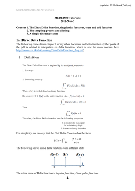 1A. Dirac Delta Function the Following Comes from Chapter 1 of My Other Document on Delta Function