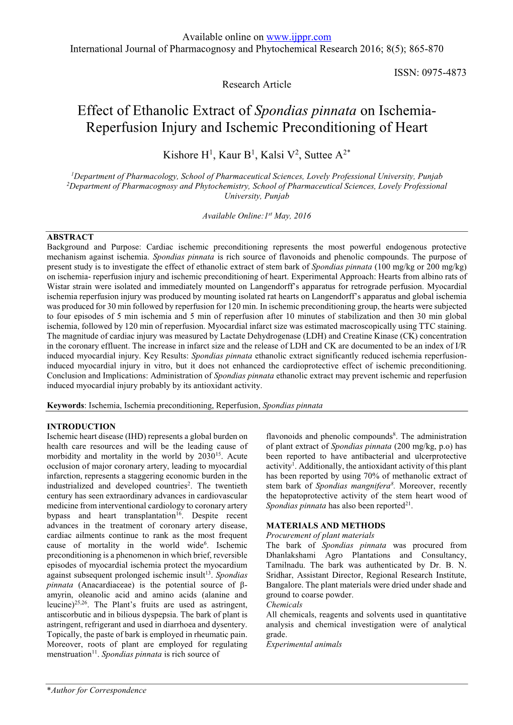 Effect of Ethanolic Extract of Spondias Pinnata on Ischemia- Reperfusion Injury and Ischemic Preconditioning of Heart