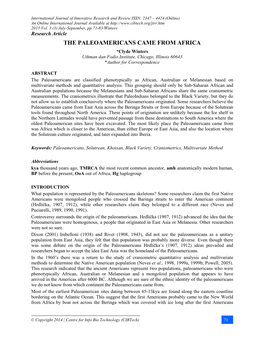 THE PALEOAMERICANS CAME from AFRICA *Clyde Winters Uthman Dan Fodio Institute, Chicago, Illinois 60643 *Author for Correspondence