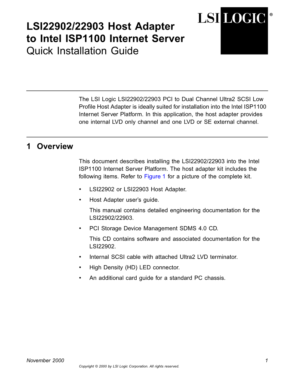 LSI22902/22903 Host Adapter to Intel ISP1100 Internet Server Quick Installation Guide