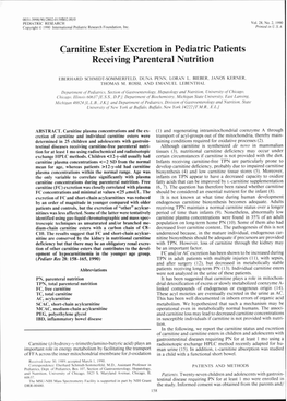 Carnitine Ester Excretion in Pediatric Patients Receiving Parenteral Nutrition