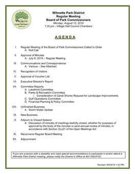 Wilmette Park District Regular Meeting Board of Park Commissioners Monday, August 12, 2019 7:30 Pm - Village Hall Council Chambers