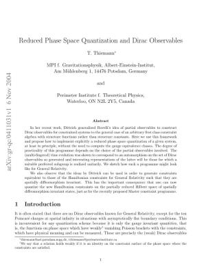 Reduced Phase Space Quantization and Dirac Observables