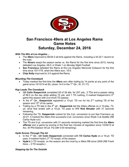 San Francisco 49Ers at Los Angeles Rams Game Notes Saturday, December 24, 2016