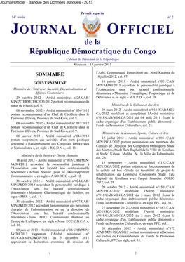 De La République Démocratique Du Congo Cabinet Du Président De La République