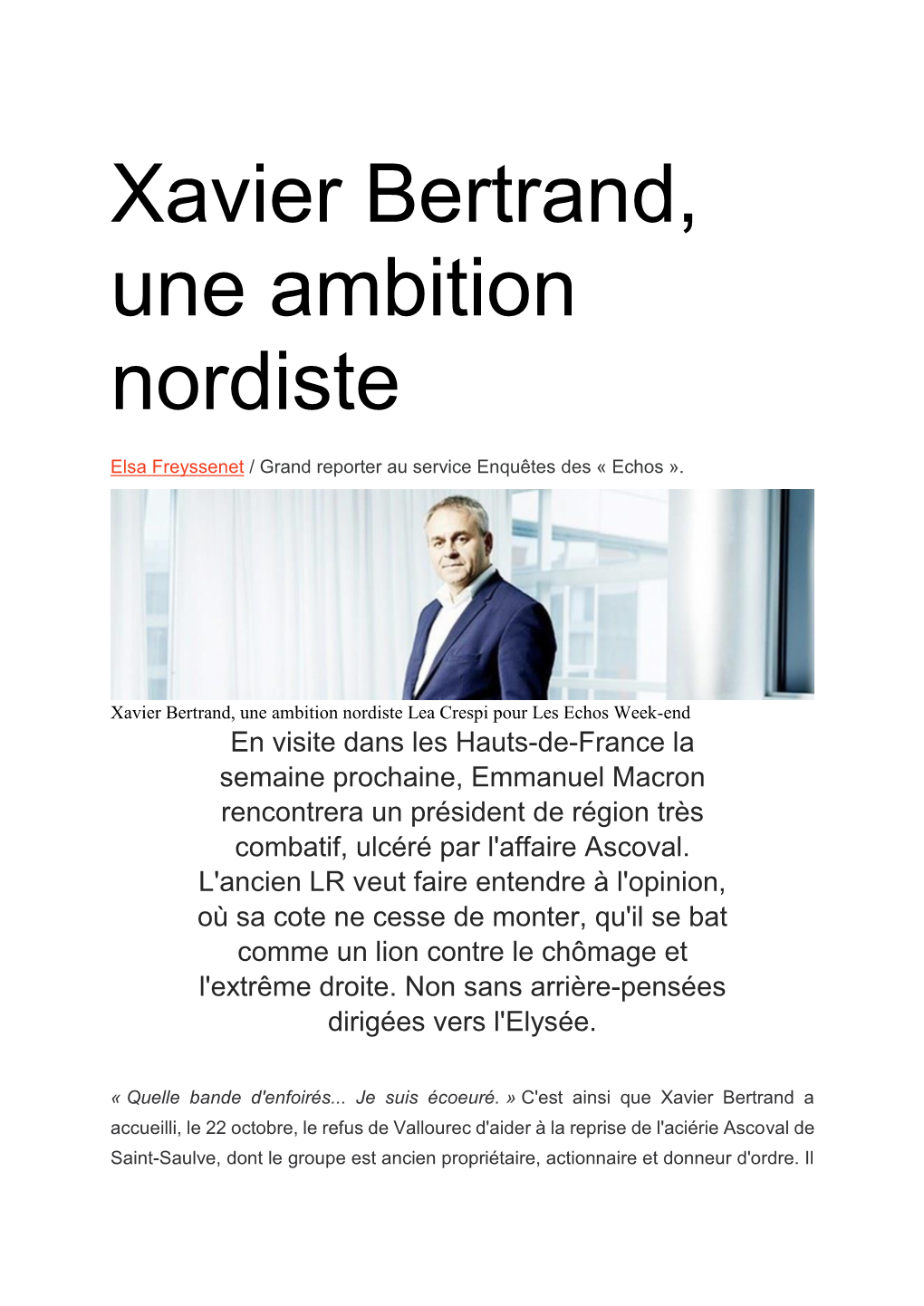 Xavier Bertrand, Une Ambition Nordiste