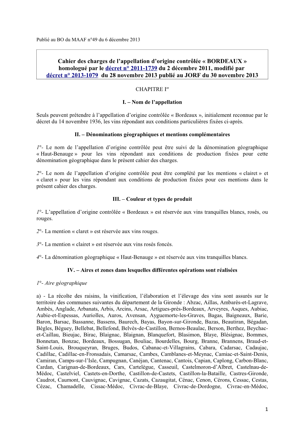 Cahier Des Charges De L'appellation D'origine Contrôlée « BORDEAUX