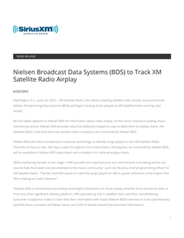 Nielsen Broadcast Data Systems (BDS) to Track XM Satellite Radio Airplay