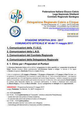 Comunicato Ufficiale N. 44 Dell'11 Maggio 2017