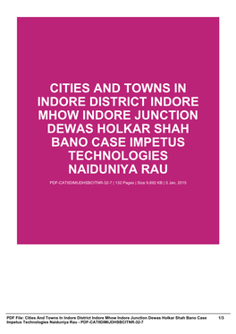 Cities and Towns in Indore District Indore Mhow Indore Junction Dewas Holkar Shah Bano Case Impetus Technologies Naiduniya Rau