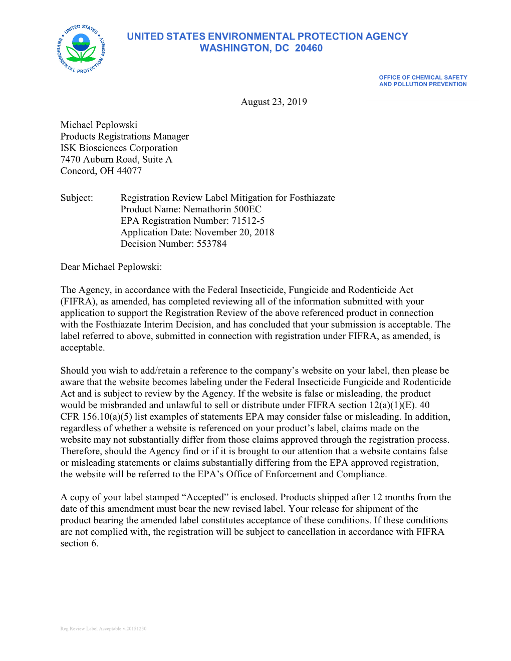 US EPA, Pesticide Product Label, NEMATHORIN 500EC,08/23/2019