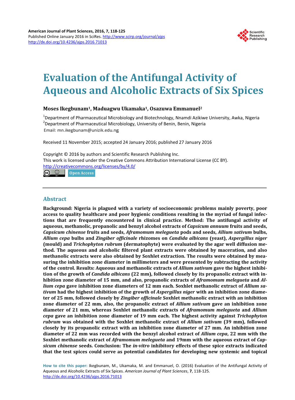 Evaluation of the Antifungal Activity of Aqueous and Alcoholic Extracts of Six Spices