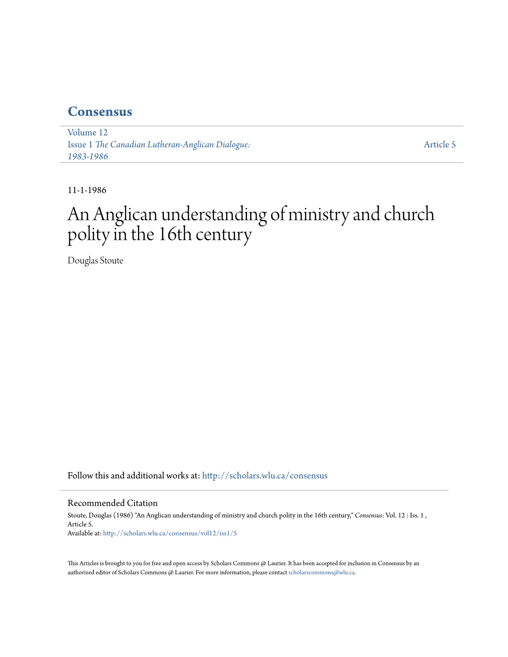 An Anglican Understanding of Ministry and Church Polity in the 16Th Century Douglas Stoute