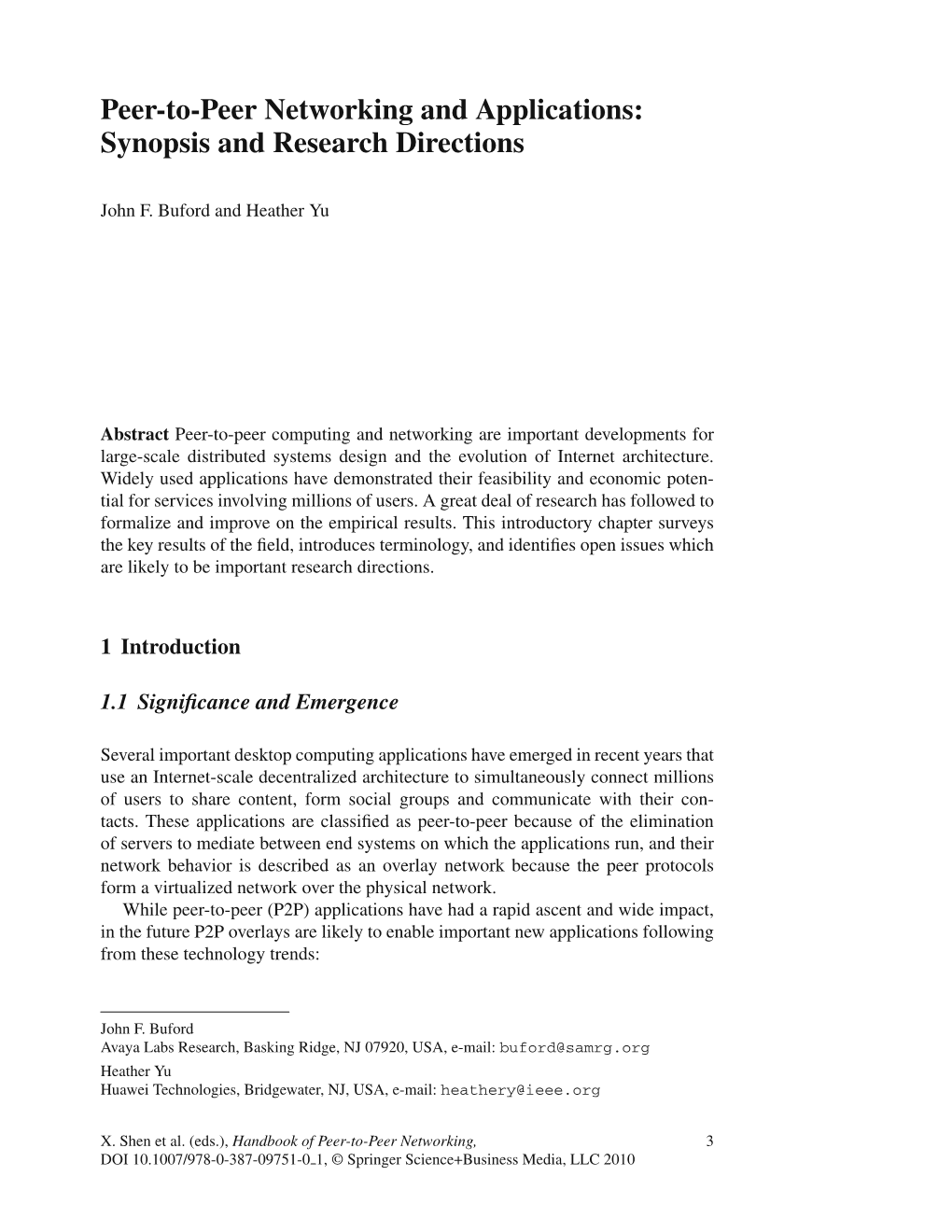 Peer-To-Peer Networking and Applications: Synopsis and Research Directions