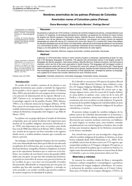 Nombres Amerindios De Las Palmas (Palmae) De Colombia Amerindian Names of Colombian Palms (Palmae)