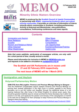 MEMO Is Produced by the Scottish Council of Jewish Communities in Partnership with BEMIS - Empowering Scotland's Ethnic and Cultural