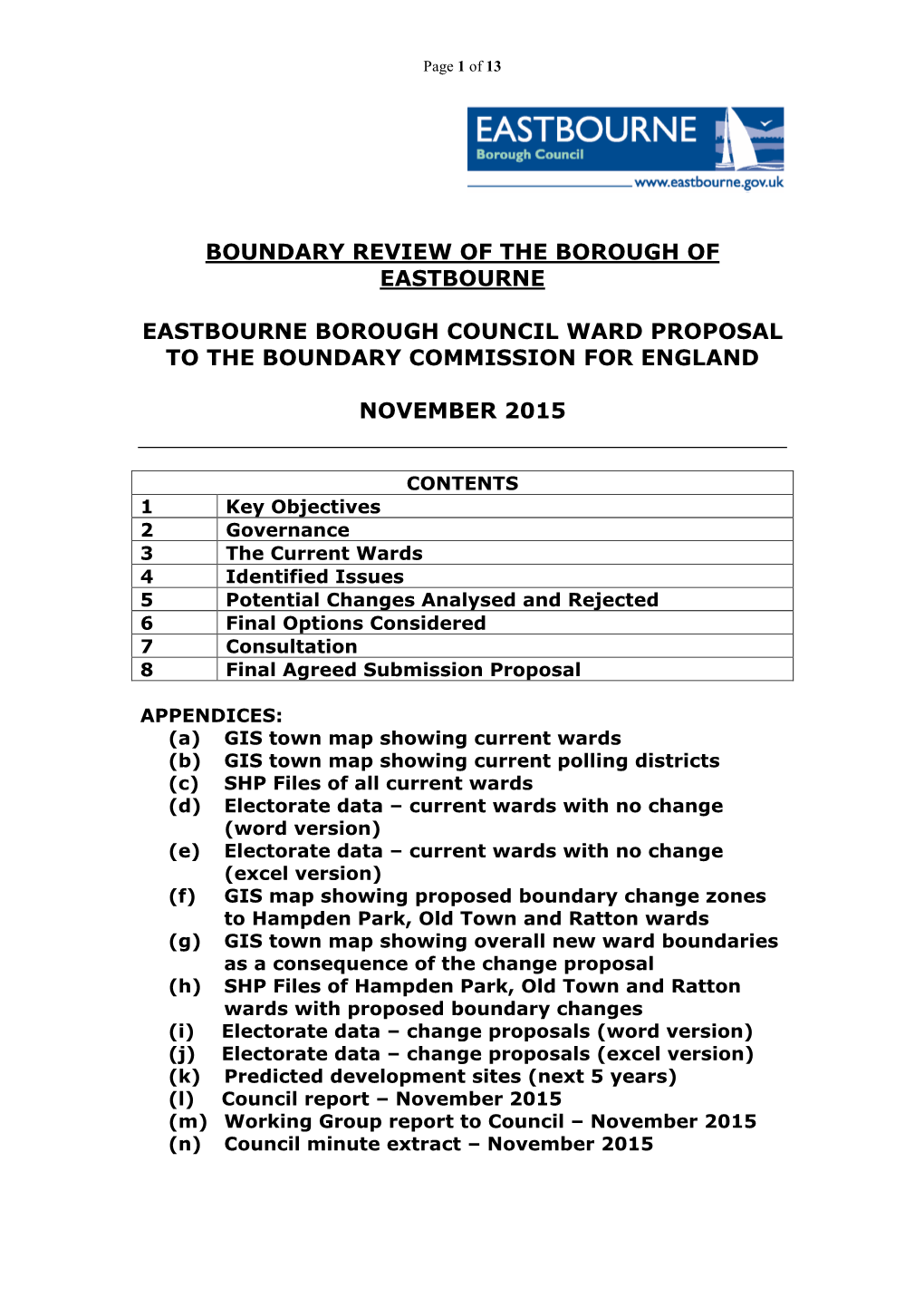 Eastbourne Borough Council Ward Proposal to the Boundary Commission for England