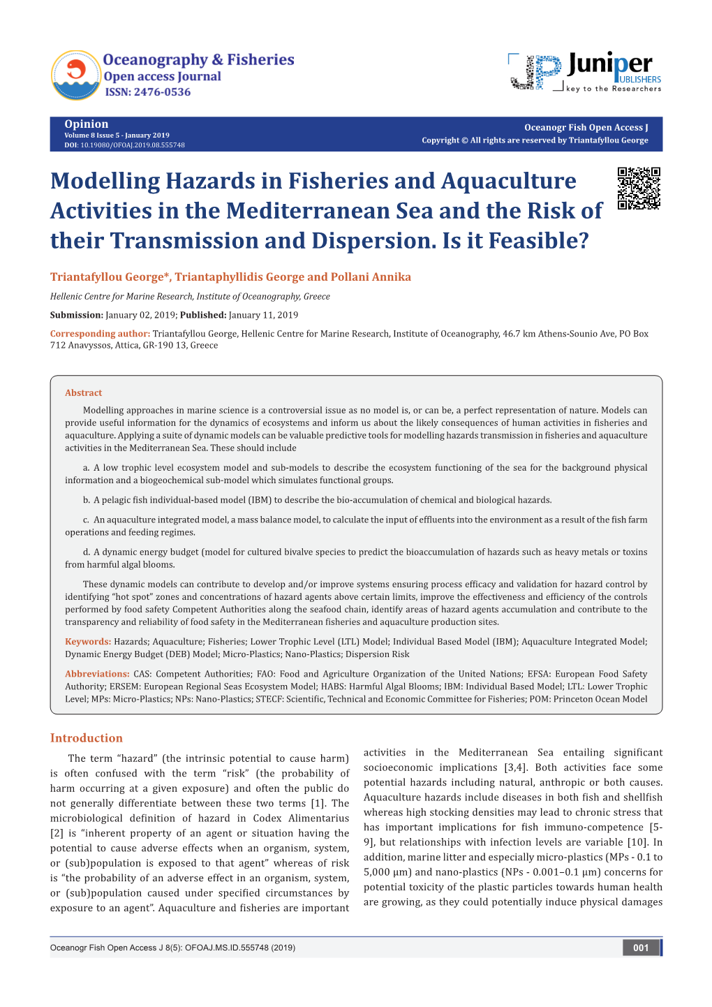 Modelling Hazards in Fisheries and Aquaculture Activities in the Mediterranean Sea and the Risk of Their Transmission and Dispersion