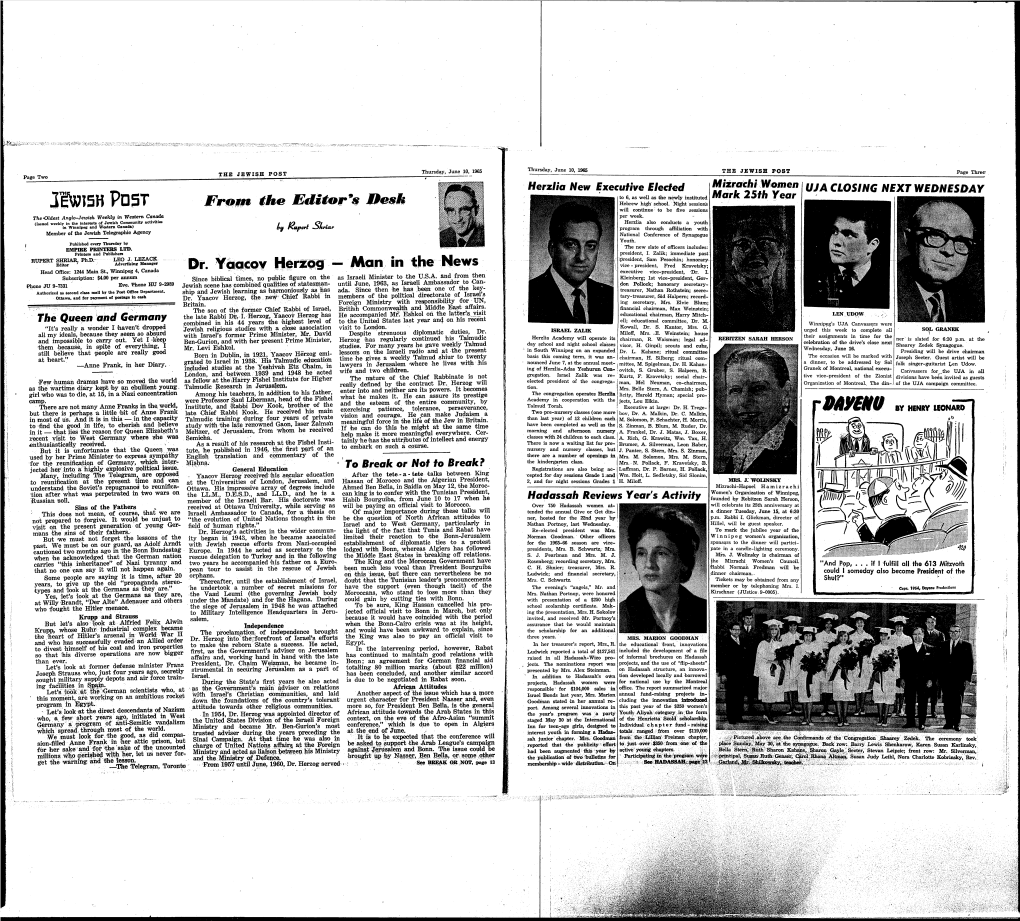 JEWISH POST the JEWISH POST Thursd"Y, June 10, 1965 Page Three Page Two ,