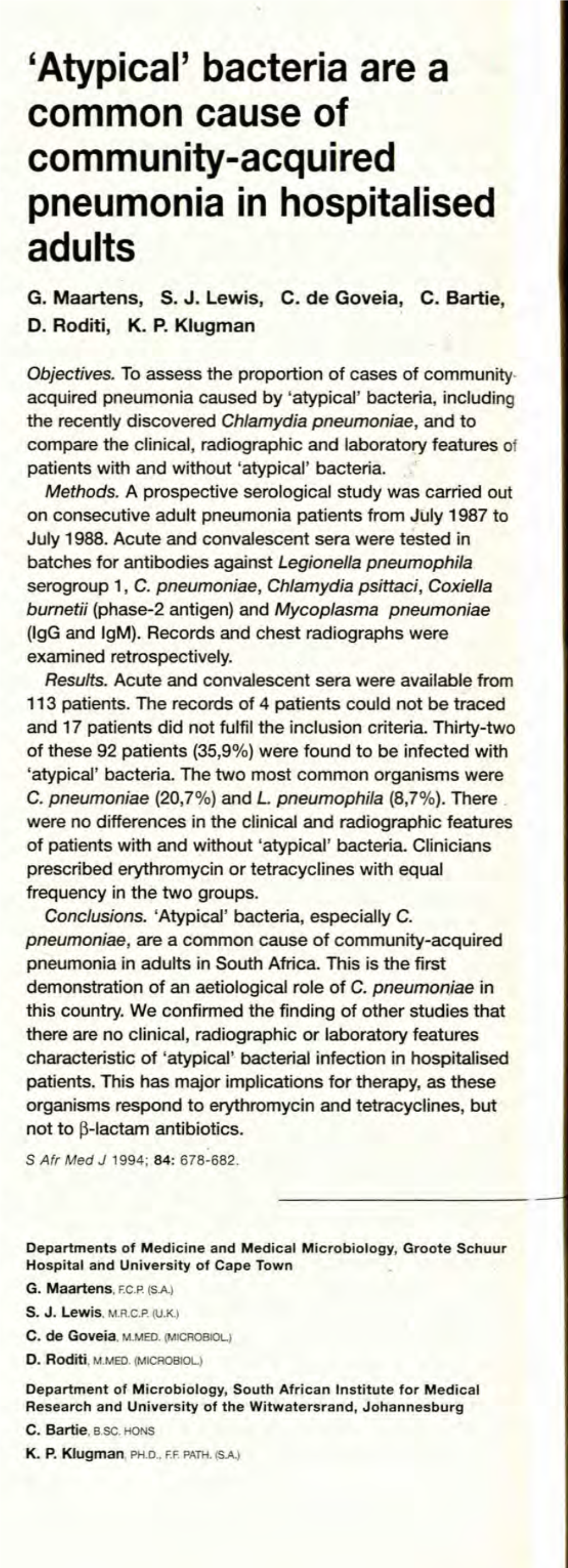 'Atypical' Bacteria Are a Common Cause of Community-Acquired