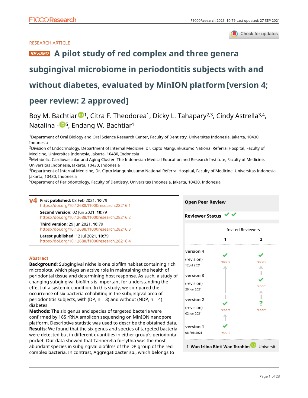 A Pilot Study of Red Complex and Three Genera