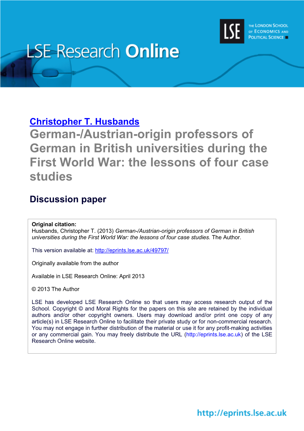 German-/Austrian-Origin Professors of German in British Universities During the First World War: the Lessons of Four Case Studies