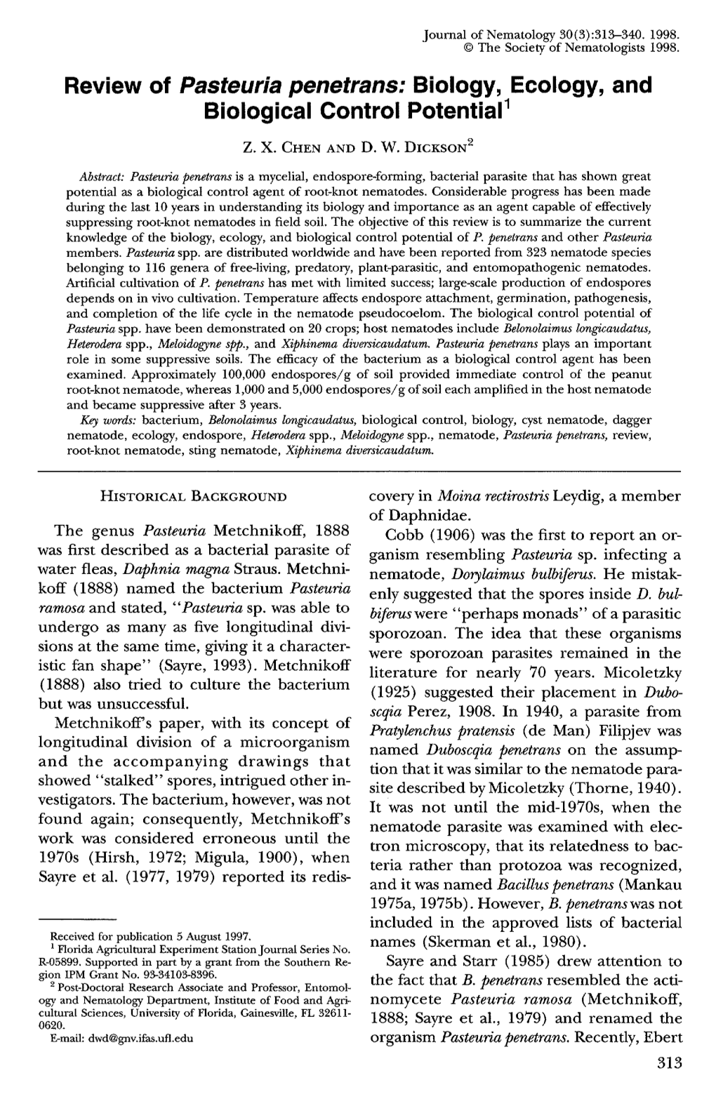 Review of Pasteuria Penetrans: Biology, Ecology, and Biological Control Potential 1