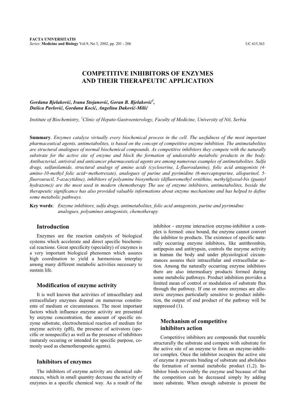 Competitive Inhibitors of Enzymes and Their Therapeutic Application