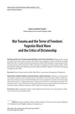War Trauma and the Terror of Freedom: Yugoslav Black Wave and the Critics of Dictatorship