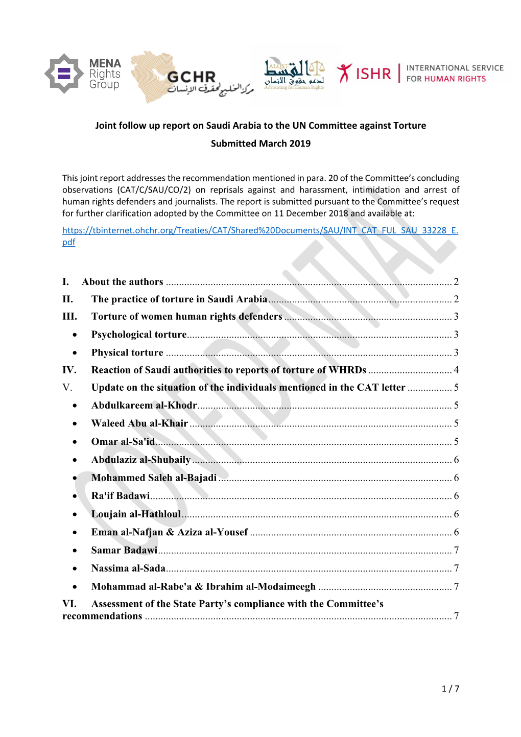 Joint Follow up Report on Saudi Arabia to the UN Committee Against Torture Submitted March 2019