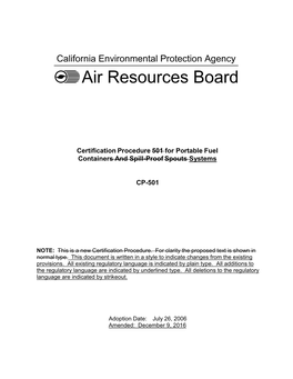 Certification Procedure 501 for Portable Fuel Containers and Spill-Proof Spouts Systems