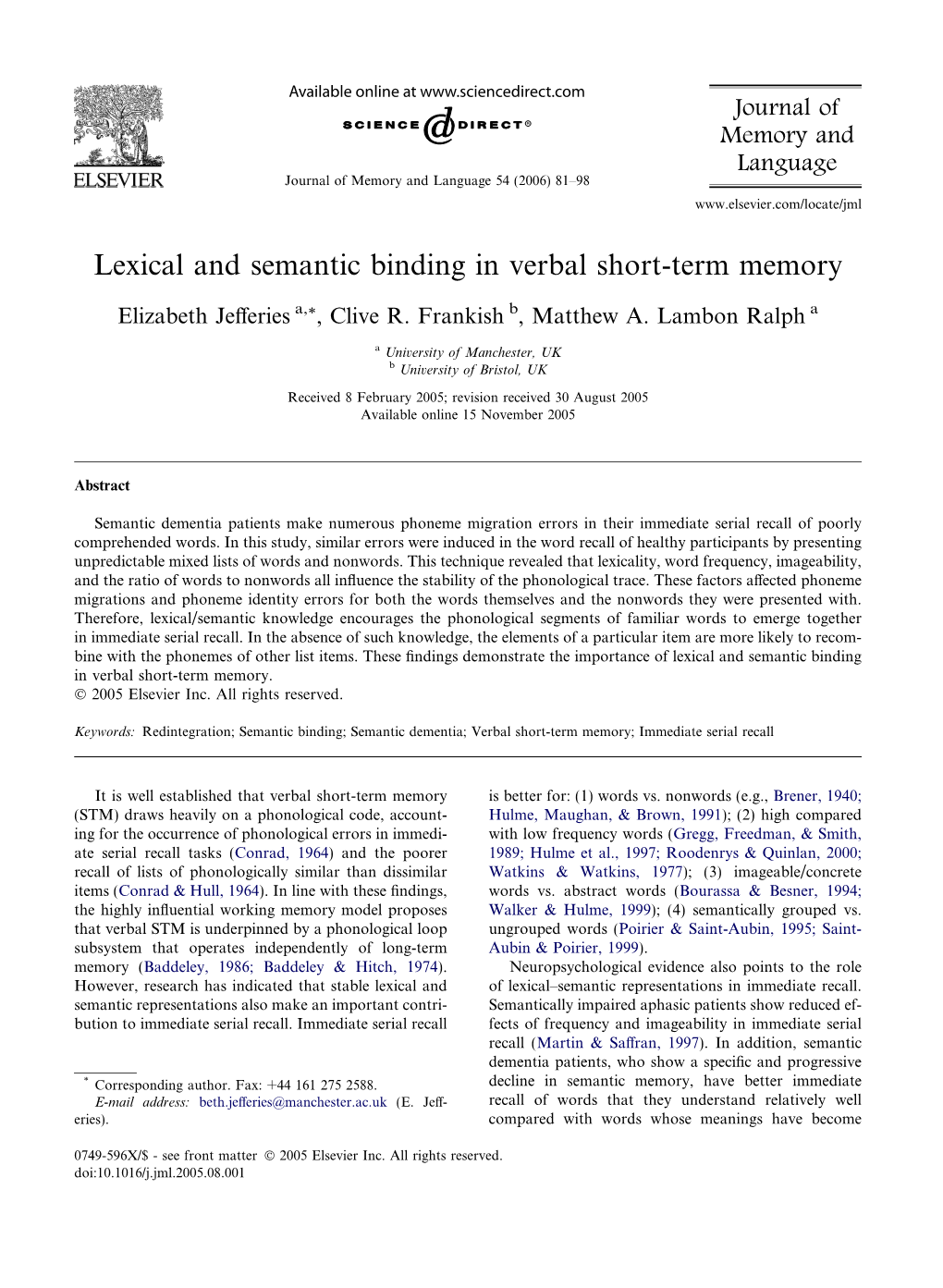 Lexical and Semantic Binding in Verbal Short-Term Memory