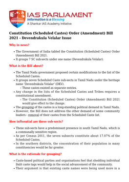 (Scheduled Castes) Order (Amendment) Bill 2021 - Devendrakula Velalar Issue