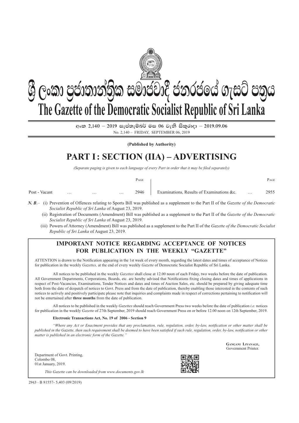 The Gazette of the Democratic Socialist Republic of Sri Lanka Wxl 2"140 – 2019 Iema;Eïn¾ Ui 06 Jeks Isl=Rdod – 2019'09'06 No