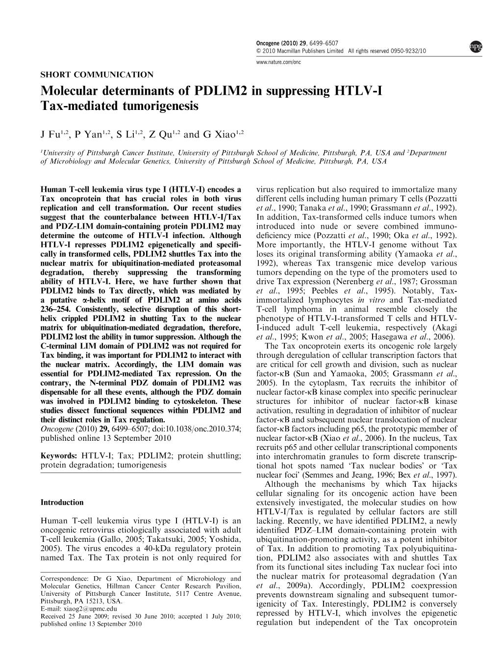 Molecular Determinants of PDLIM2 in Suppressing HTLV-I Tax-Mediated Tumorigenesis