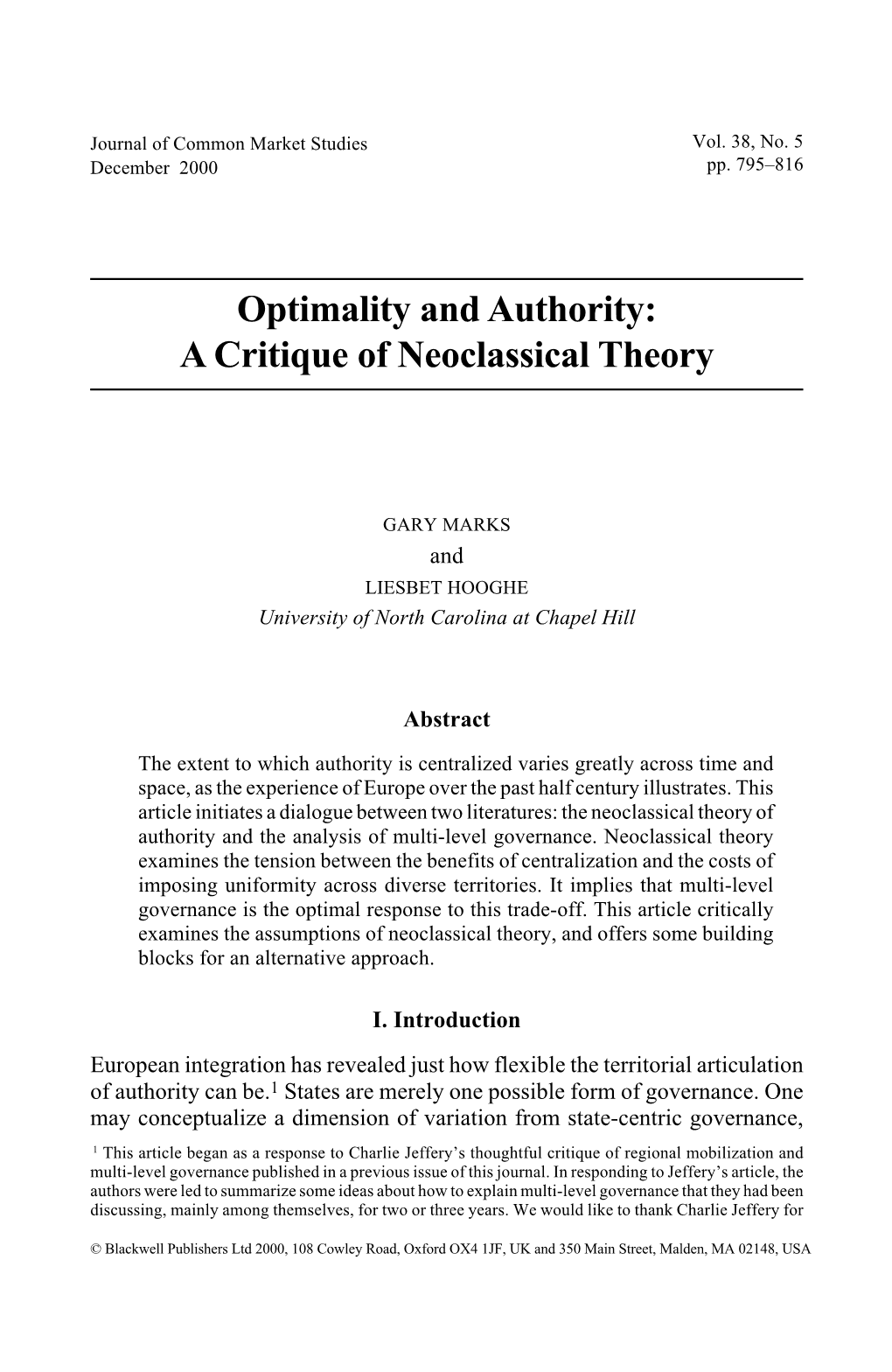 Optimality and Authority: a Critique of Neoclassical Theory