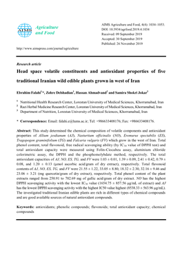 Head Space Volatile Constituents and Antioxidant Properties of Five Traditional Iranian Wild Edible Plants Grown in West of Iran