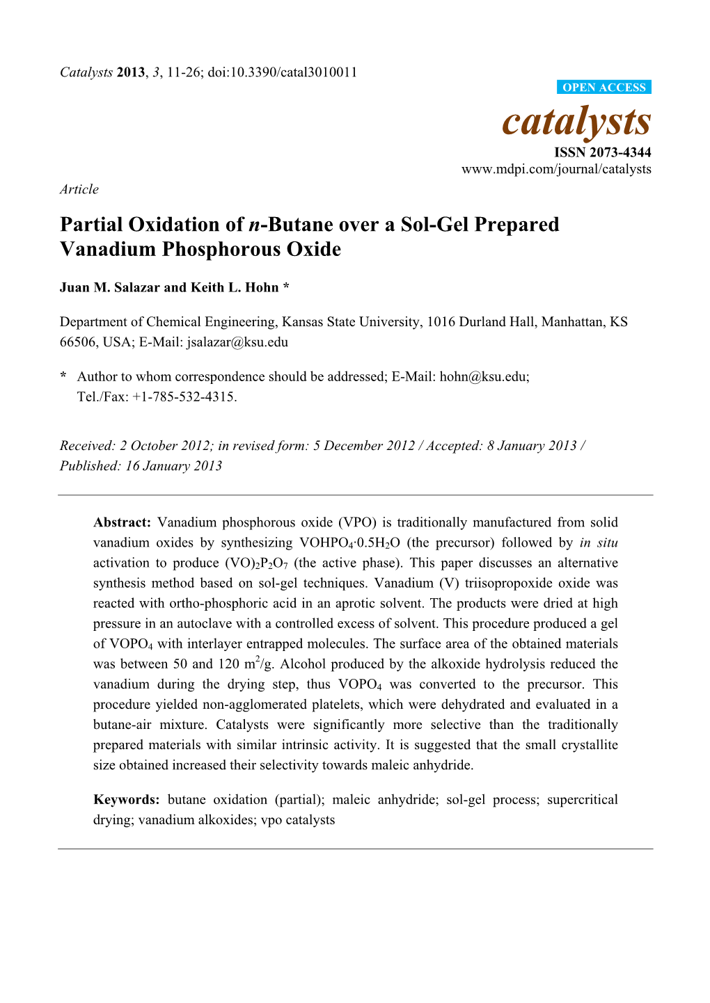 Partial Oxidation of N-Butane Over a Sol-Gel Prepared Vanadium Phosphorous Oxide