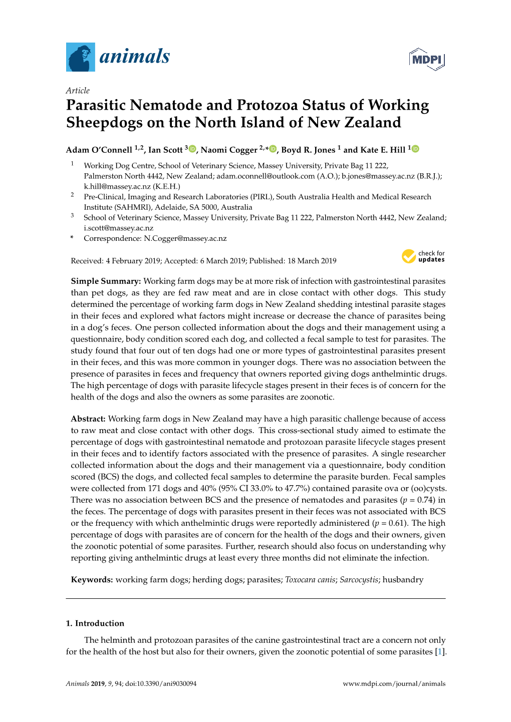 Parasitic Nematode and Protozoa Status of Working Sheepdogs on the North Island of New Zealand