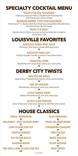 House Classics Specialty Cocktail Menu Louisville