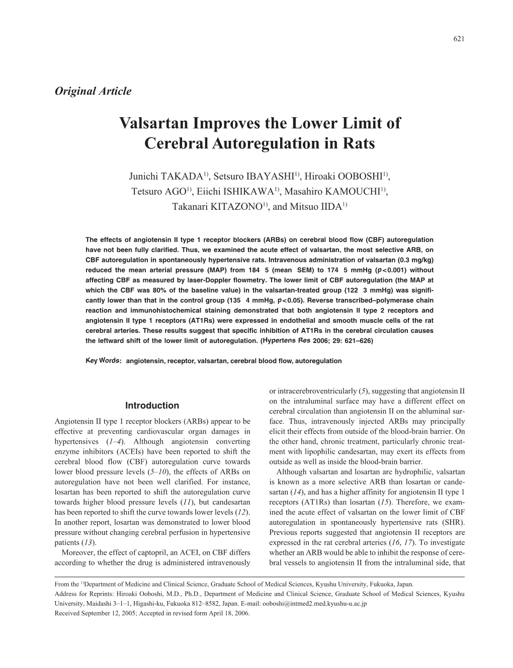 Valsartan Improves the Lower Limit of Cerebral Autoregulation in Rats