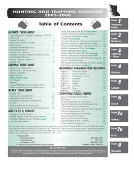 BC Hunting and Trapping Regulations Synopsis