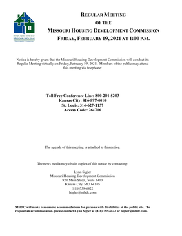 Regular Meeting of the Missouri Housing Development Commission Friday, February 19, 2021 at 1:00 P.M